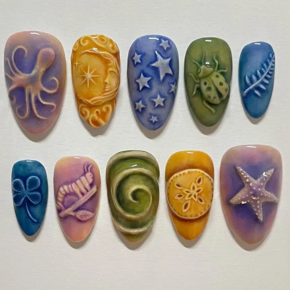 

24pcs Charming Summer Ocean Press On Nails Colorful Painting Short Almond False Nails With Star Starfish Flower Press On Nail