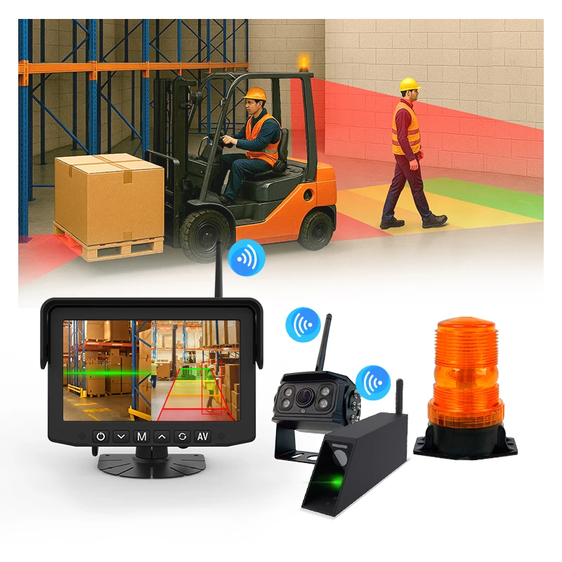 MCY 7inch AI Reverse Alarm Wireless Laser Positioning Fork Cam Reversing Backup Camera for Truck Forklift With LED Warning Light