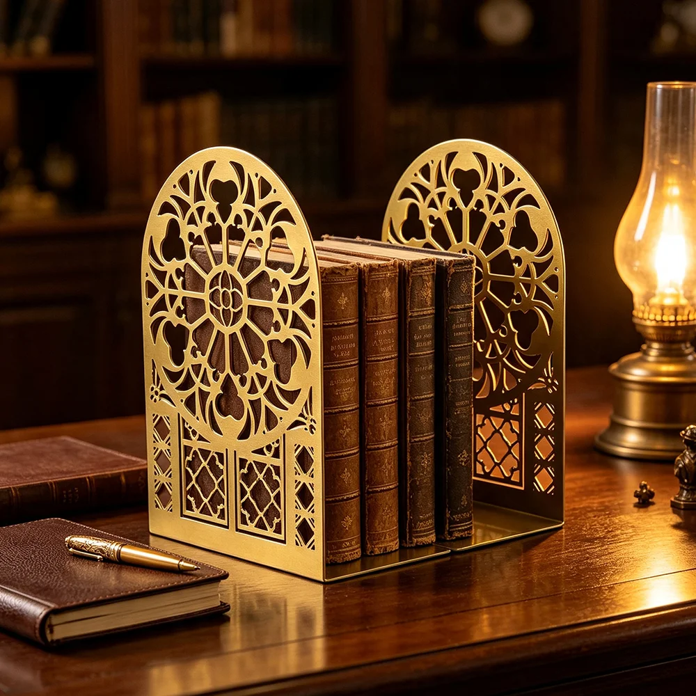 Retro Arched Window Iron Bookends Gold & Black Hollow Book Stoppers Metal Book Divider Book Holder Desktop Bookshelf Home Decor