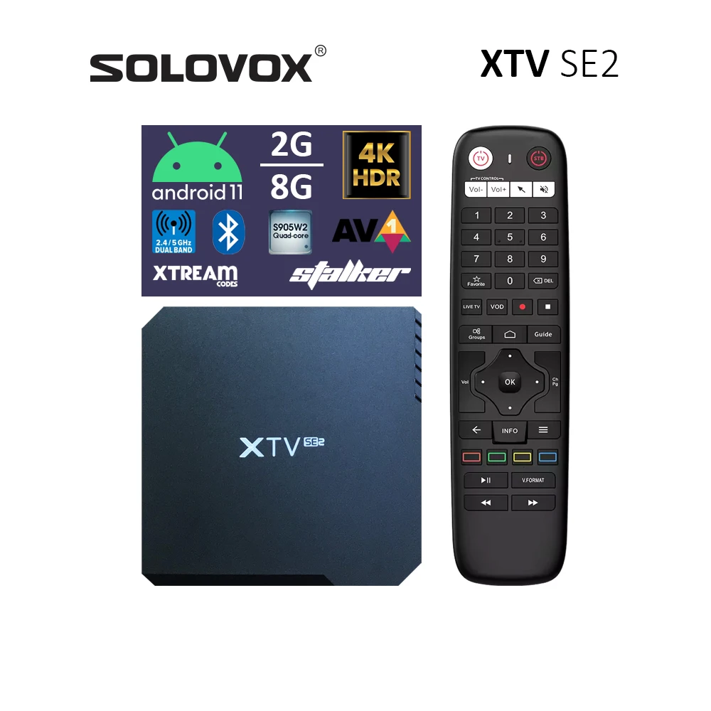 SOLOVOX XTV SE2 Stalker IP Android 11, потоковая ТВ-приставка, поддержка Xtreamcodes LiveTV AV1, 4K HDR, Bluetooth, двойной слот WIFI SPDIF TF SOLOVOX XTV SE2 Stalker IP Android 11, потоковая ТВ-приставка, поддержка Xtreamcodes LiveTV AV1, 4K HDR, Bluetooth, двойной слот WIFI SPDIF TF