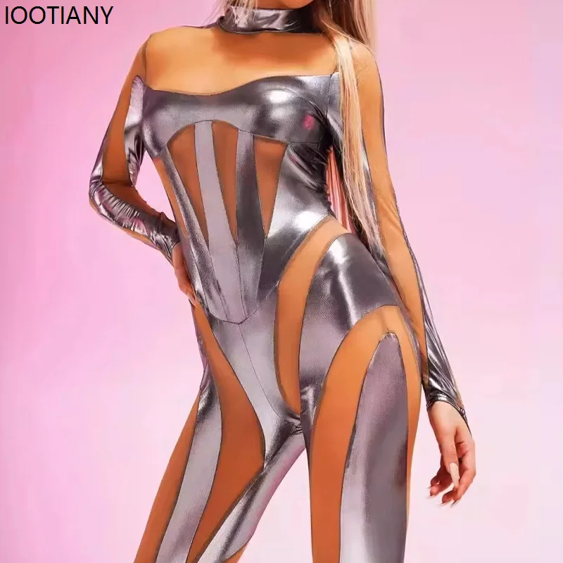 Women Sexy Mesh Splicing Punk Jumpsuit Futuristic Mechanical Bodysuit Halloween Cosplay Catsuit Festival Party Dress Rave Outfit