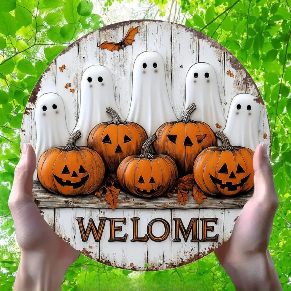 Vintage Halloween Welcome Ghost Pumpkin Metal Tin Sign, Retro Cute Spooky Bat Round Wall Art Decor, Classic Autumn Fall Harvest
