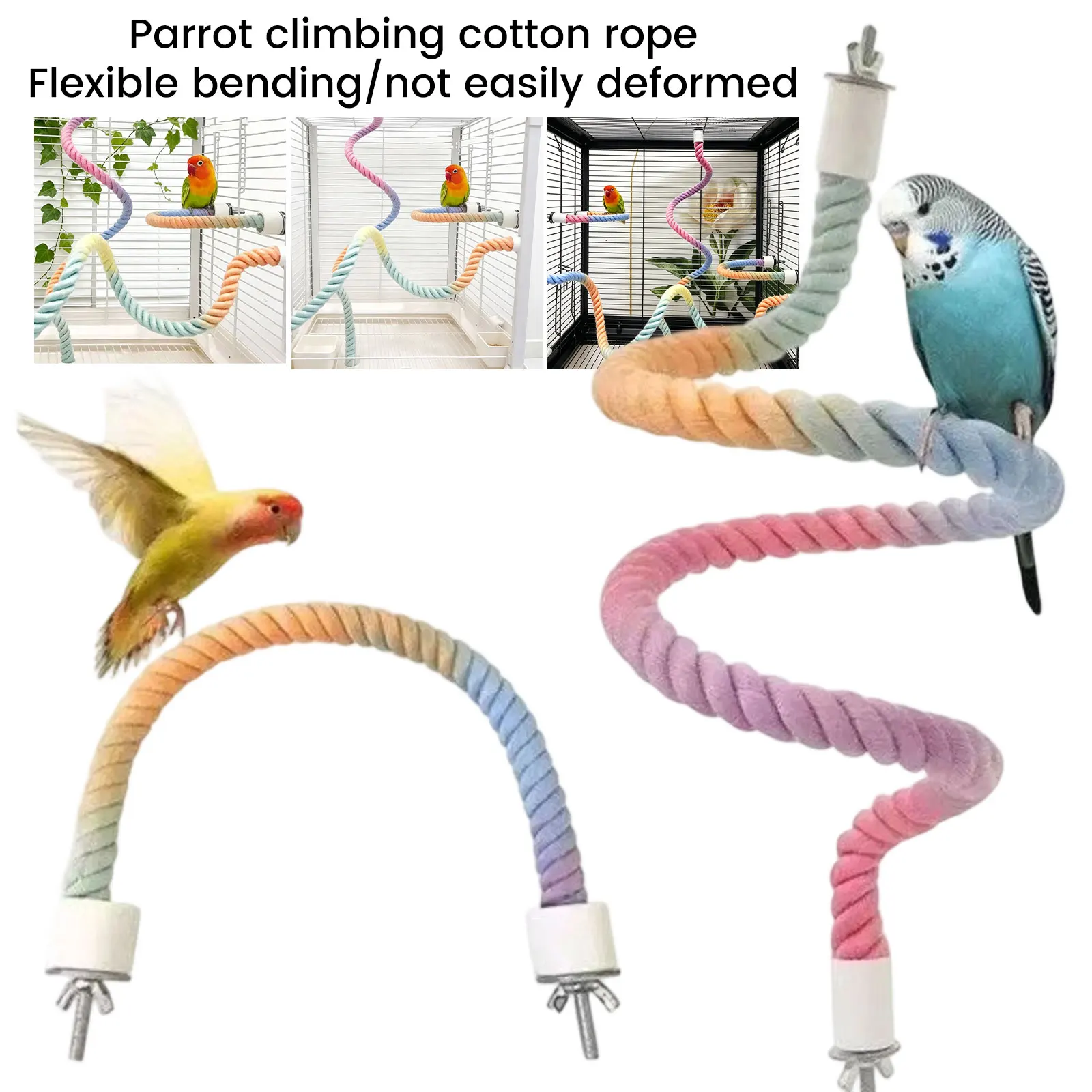 Gradient Colorful Bird Rope Perch Stand For Bird Cages Bendable Climbing Rope Cage Accessory Toy For Cockatiel Parakeet ﻿ ﻿