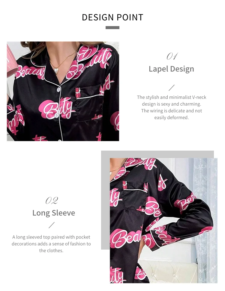 Niedlicher Pyjama mit Katzenmuster für Damen, Satin, langärmelig, Reverskragen, Oberteile und Hosen, Pyjama-Loungewear für Herbst, Damen-Nachtwäsche, Pyjama-Sets – Detail 12