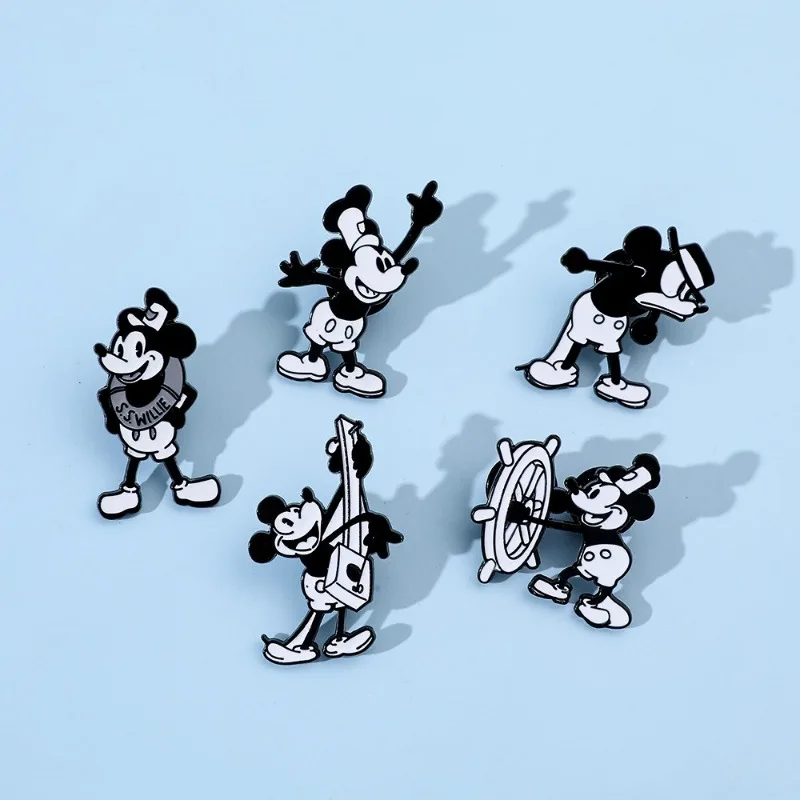 Disney Mickey Mouse Brooch Cute Black and White Cartoon Pin Anime Figure Merchandise Decoration Children Birthday Christmas Gift