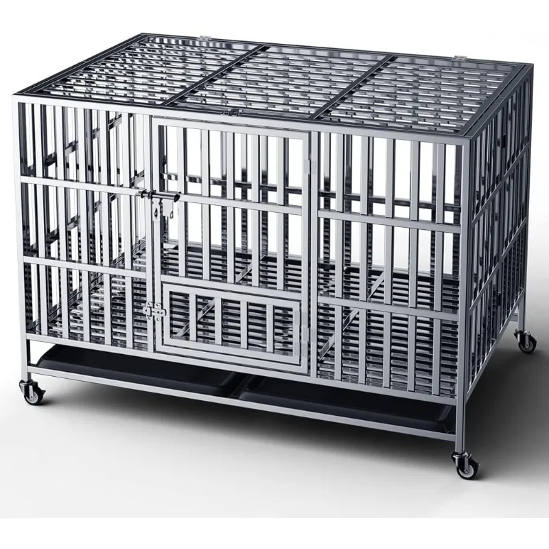 

48" Foldable Stainless Steel Dog Cage on Lockable Wheels with Tray, Heavy Duty, Indoor & Outdoor Dog Kennel Crate Playpen