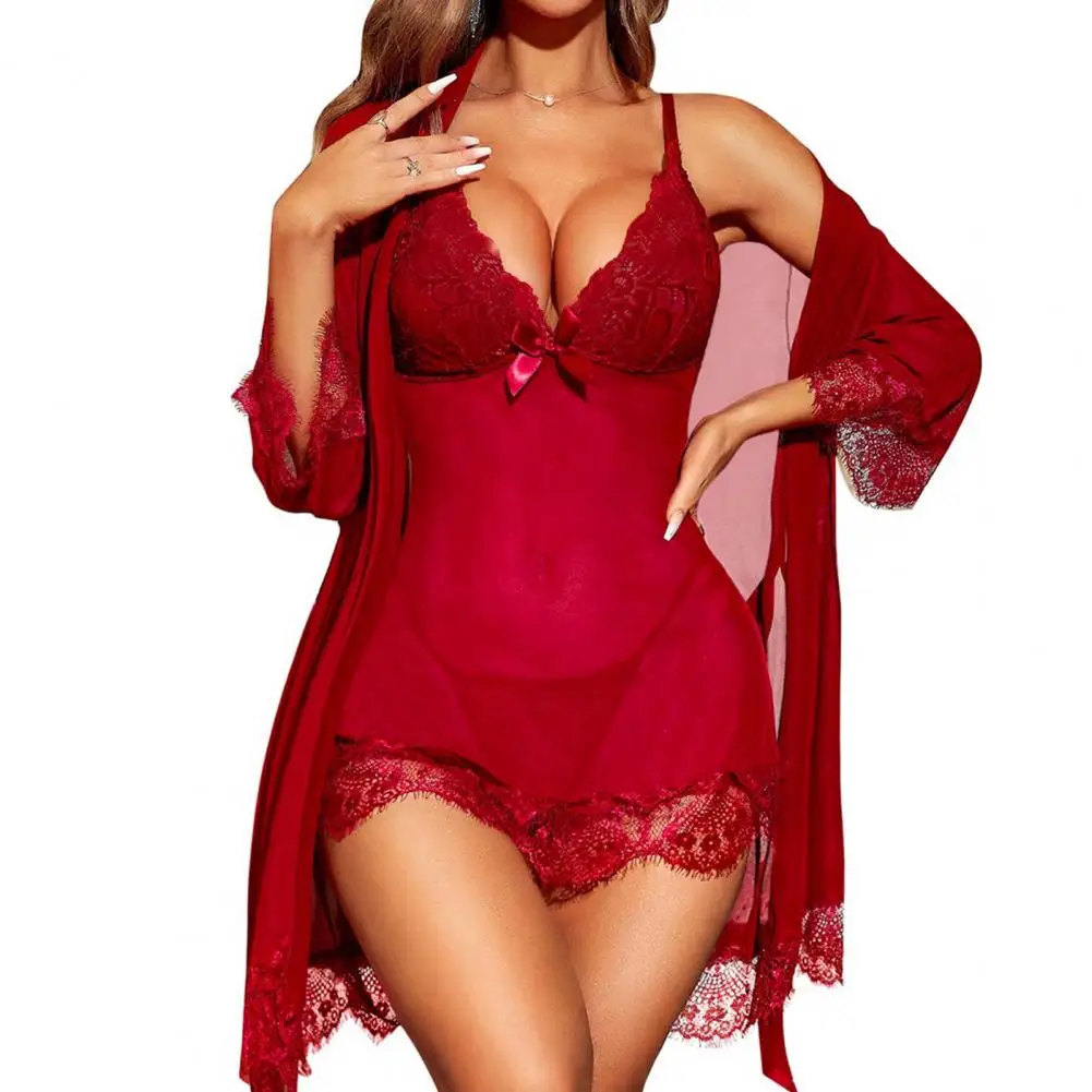 Sexy Lace Pajama Set Women Babydoll Women's Suspender Pajama Set Plus Size Nightgown Sexy Perspective Nightgown And Kimono Robe