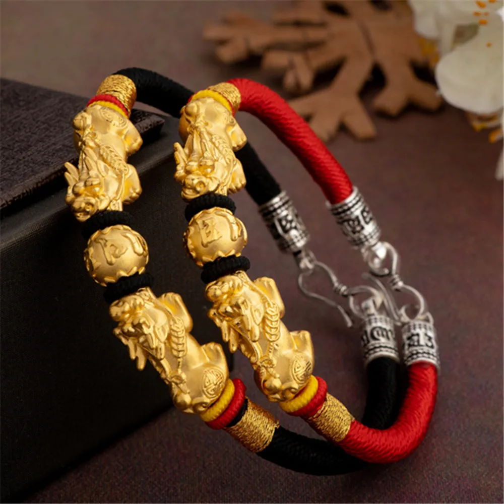 

Pure 999 24K Yellow Gold Bangle Men Women Money Coin Ball Dragon Son Pixiu Bead Bracelet 2.7-3g