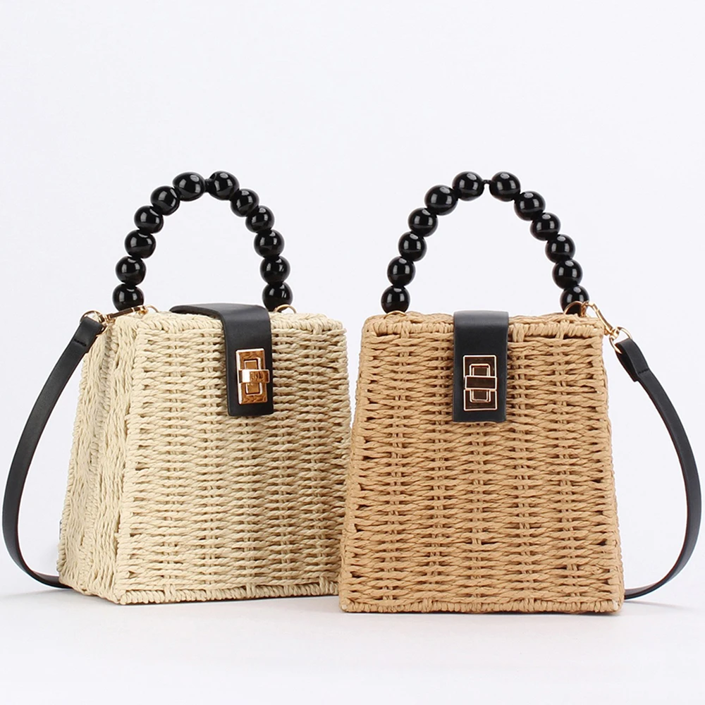 

New Vintage Boho Straw Woven Handbag with Black Bead Handle, Women Summer Beach Crossbody Bag with Metal Lock for Casual Outings