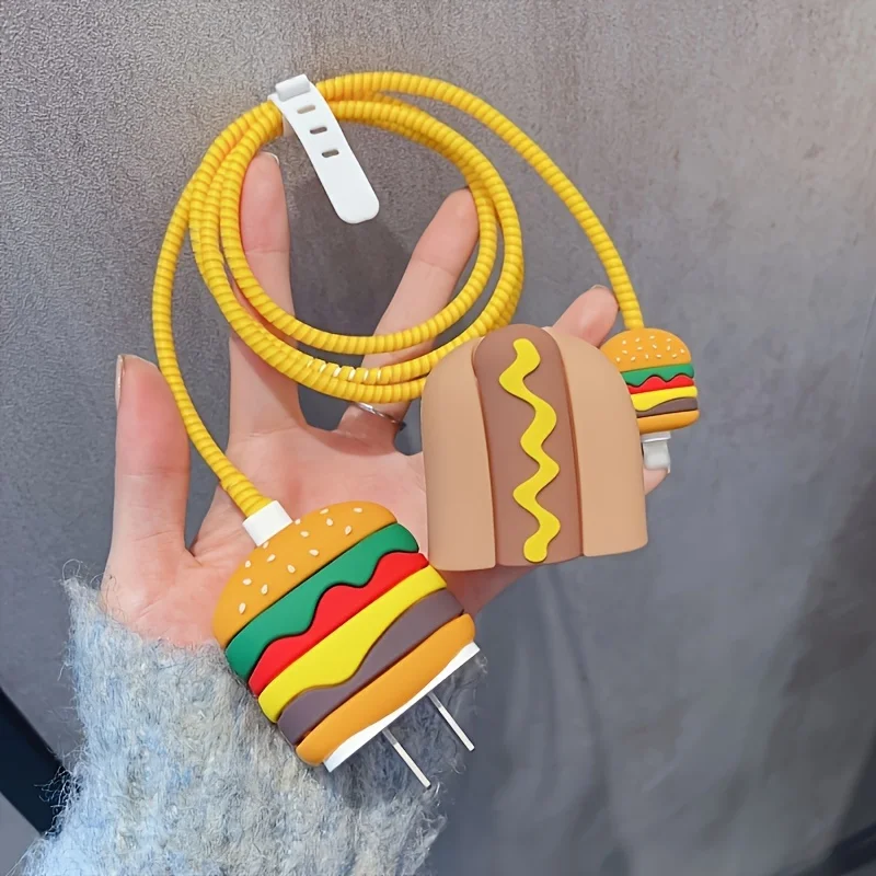 4pcs Hamburger Hot Dog Design Charger Head Protection Case for iPhone 18W/20W Fast Charging Data Cable Anti-Break Protection