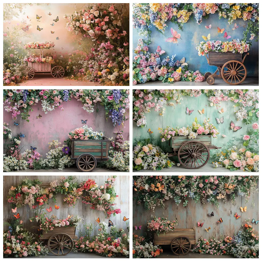 primavera-fotografia-pano-de-fundo-carrinho-de-madeira-flores-coloridas-parede-borboleta-criancas-festa-aniversario-nupcial-casamento-foto-fundo