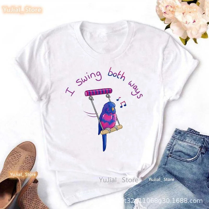 Women Cute Parrot Swing Print T Shirt I Swing Both Ways Slogan Graphic Tee Casual Short Sleeve Daily Funny Tops Harajuku
