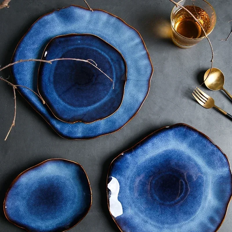 Ceramic Plates Deep Blue Irregular Flat Plate Pottery Dish Household Decoration Tableware Dinnerware Tray Hotel Kitchen Supplies