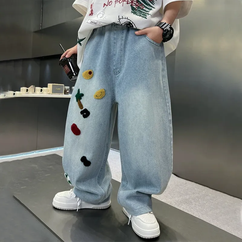

Boys Fashion Cartoon Embroidery Loose Jeans Children Vintage Straight Denim Cargo Pants Teens Spring Autumn Casual Trousers