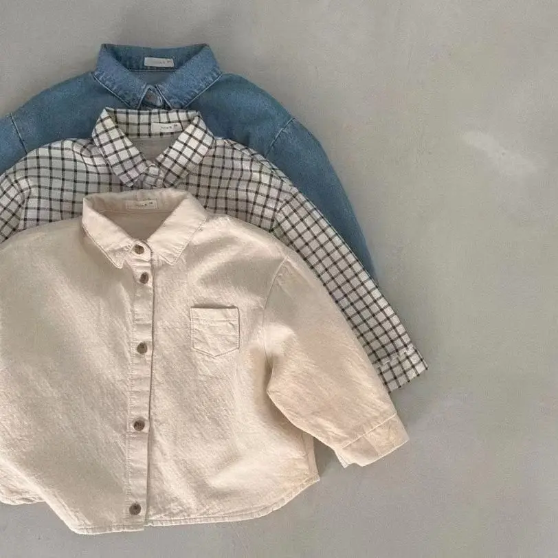 

2025 Autumn New Baby Long Sleeve Plaid Shirts Cotton Toddler Boys Lapel Cargo Coat Girls Solid Casual Cardigan Infant Clothes