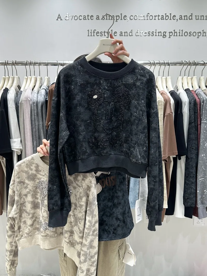 Heavy Industry Tie-Dye Embroidery Cartoon O-Neck Short Sweatshirt Women's Autumn Loose Age-Reducing High-Waist Design Hoodies