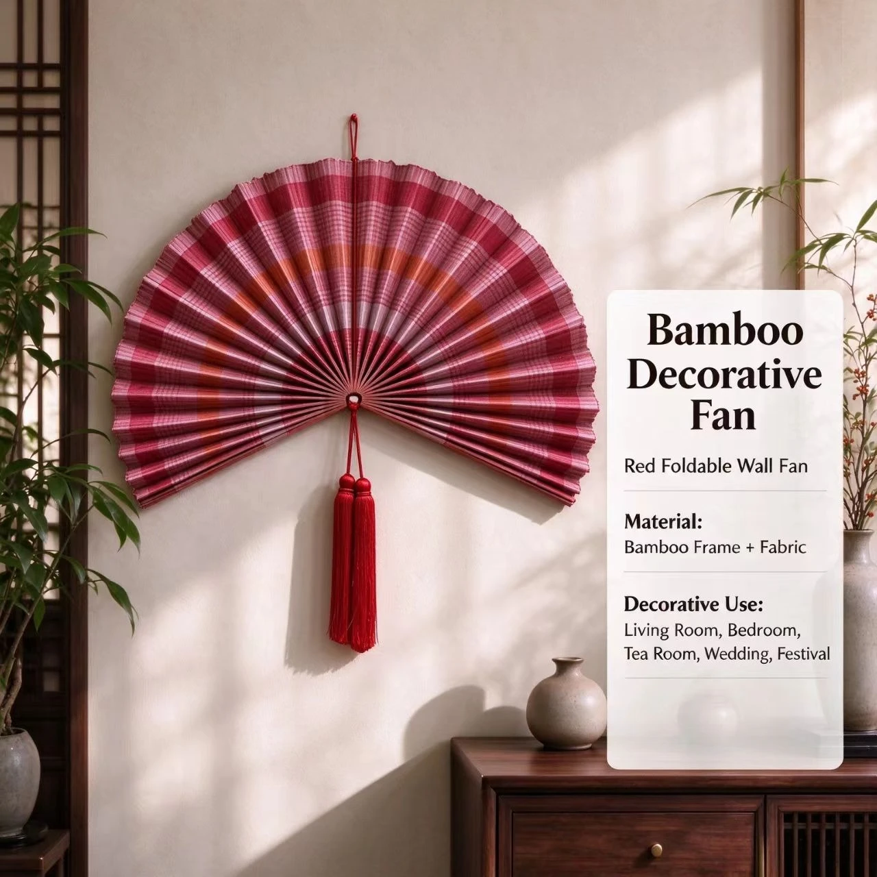 `Handcrafted Bamboo Wall Decor Fan with Tassel, Large Oriental Hanging Fan, New Chinese Style Home Wall Art`
