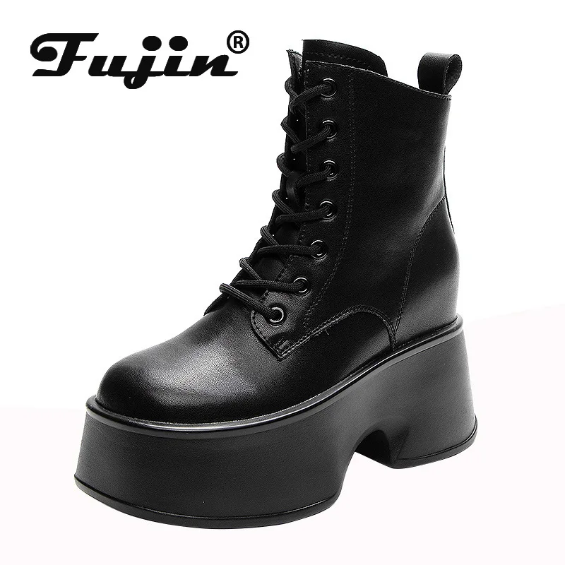 Fujin 11cm Rotro Genuine Leather Women Mid Calf Motorcycle Boots Platform Wedeg Lace Up Slip on Spring Autumn Winter Comfy Shoes