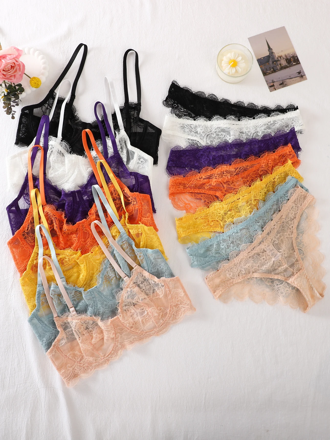 طقم مكون من قطعتين - حمالة صدر دانتيل + طقم سراويل داخلية - طقم حميم شفاف من الدانتيل - متعدد الألوان اختياري - طقم حميم نسائي من الدانتيل - طقم حميم مثير - مع حلقات فولاذية #1