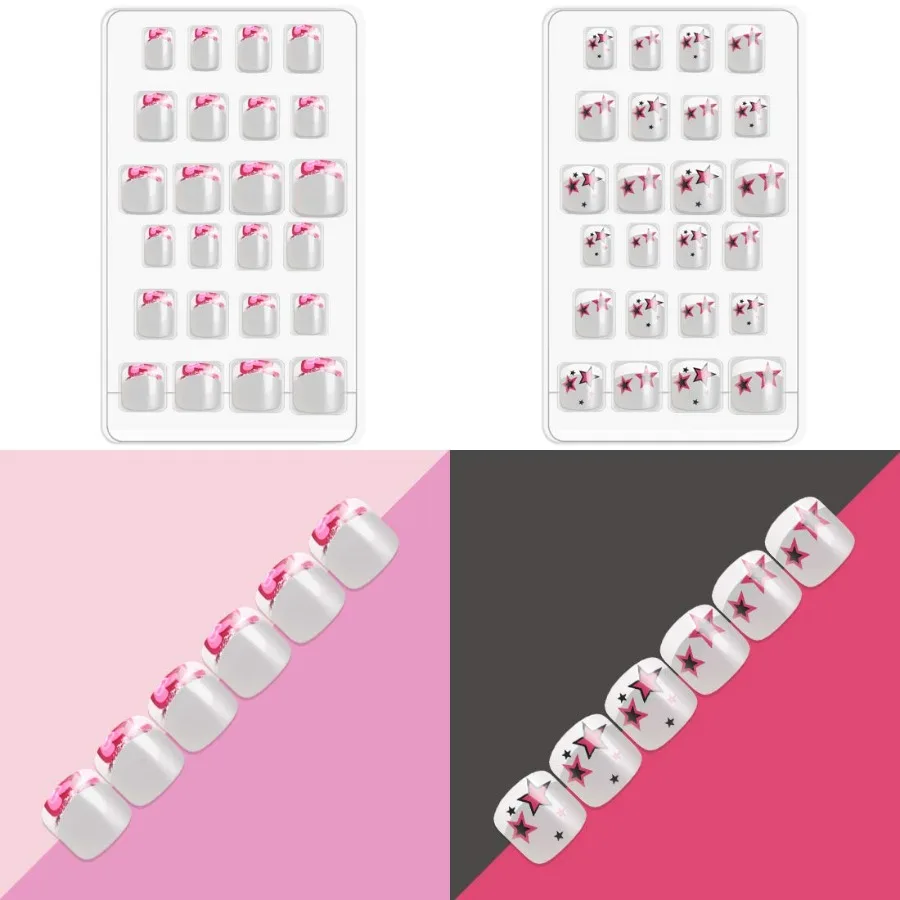 120pcs 5 Pack French Nails Press on Preglue Full Cover Short French False Nail Kits for ' Nail Art Decoration with Flower Desig
