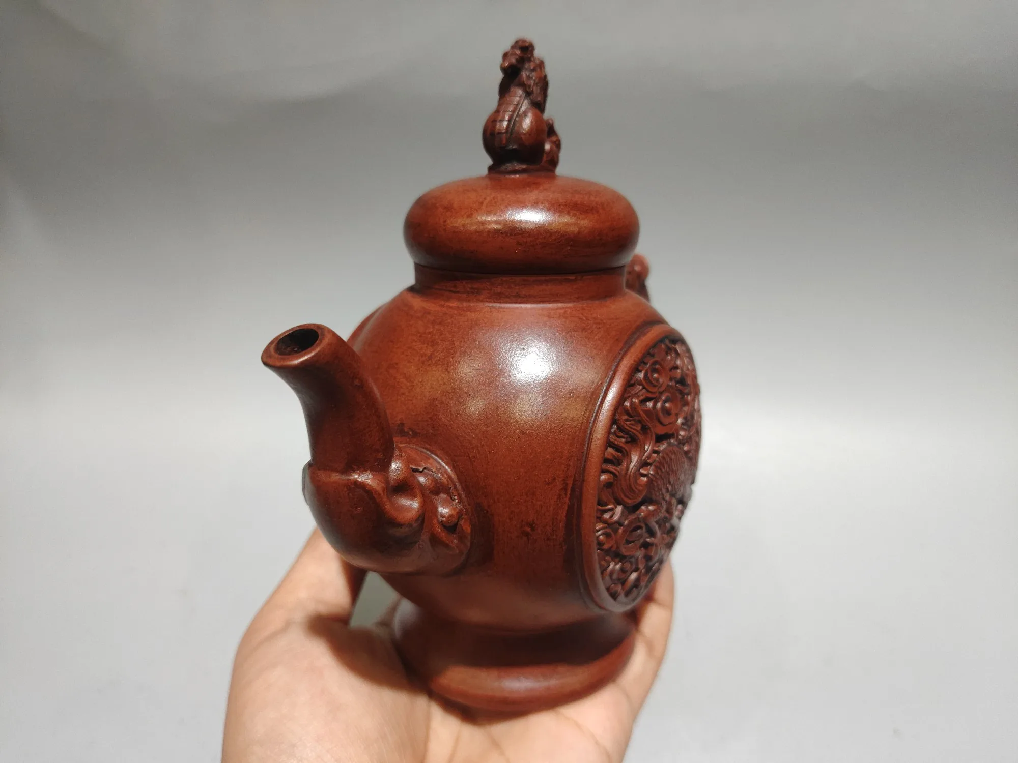 Chinese Yixing Purple Clay Pot high relief hollowed-out Kirin Wine Pot Dragon Mouth Pot  Kettle Teapot Flagon