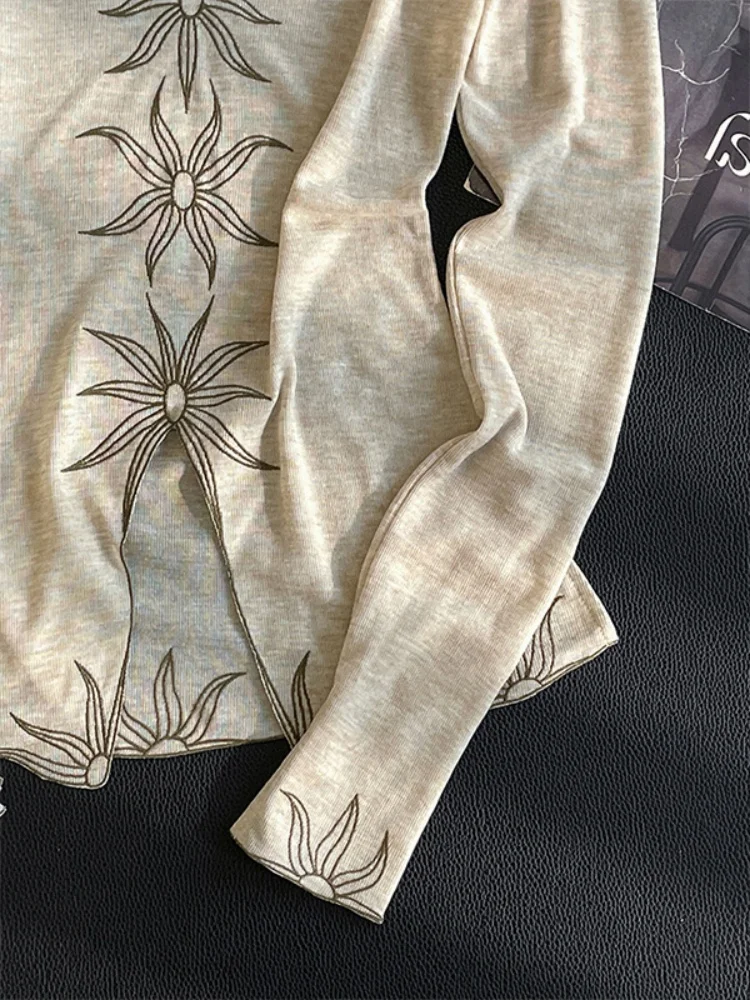 سترة محبوكة بأكمام طويلة وياقة على شكل V مع تطريز زهري عتيق للرجال والنساء، قميص خريفي أنيق بتصميم نحيف وعصري للسيدات #2