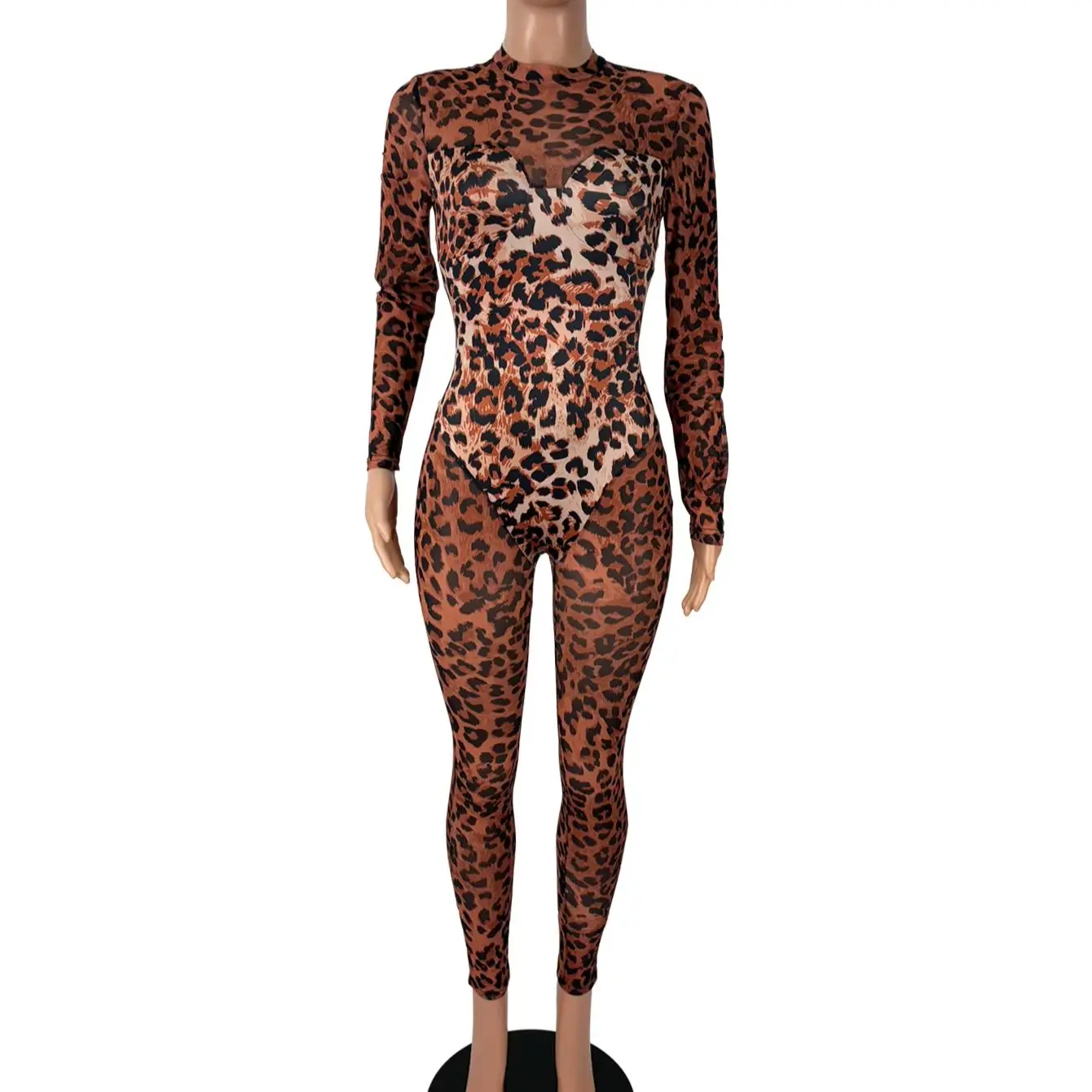 Fashion Leopard Printed Jumpsuits for Women Zipper Long Sleeves Stretch Overalls Slim Party Bodysuit One Piece Shapwear Trousers