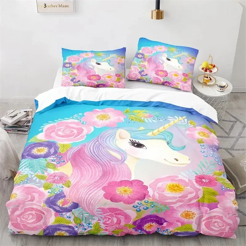 Cartoon Unicorn Floral Rainbow Girl's Eyelash Bedding Set Boys Girls Twin Queen Duvet Cover Pillowcase Bed Kids Adult