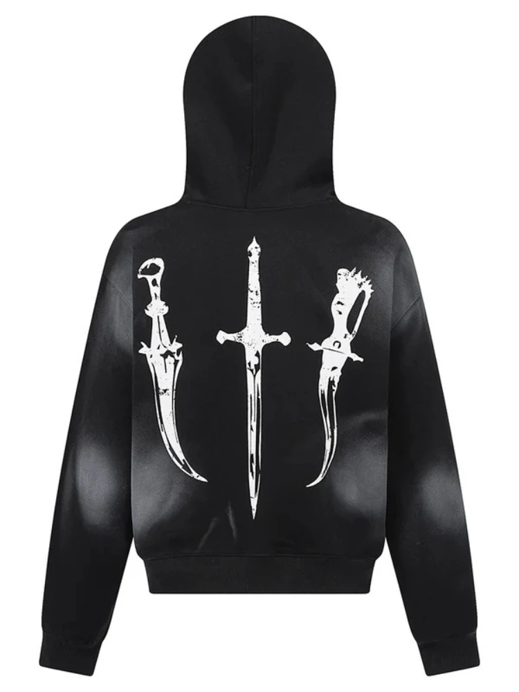 เสื้อฮู้ดดี้คอปกผ้าวูลพิมพ์ลาย High Street ปี 2025 แบบยูนิเซ็กซ์ สไตล์ฮาราจูกุ ดีไซน์ดาร์ก