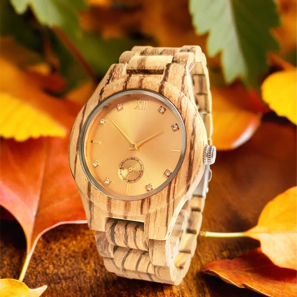 Fashion Simulated Diamond Dial Wood Bangle Timepiece Clock Women\'s Quartz Wristwatch Natural Wooden Lady Bracelet Watches
