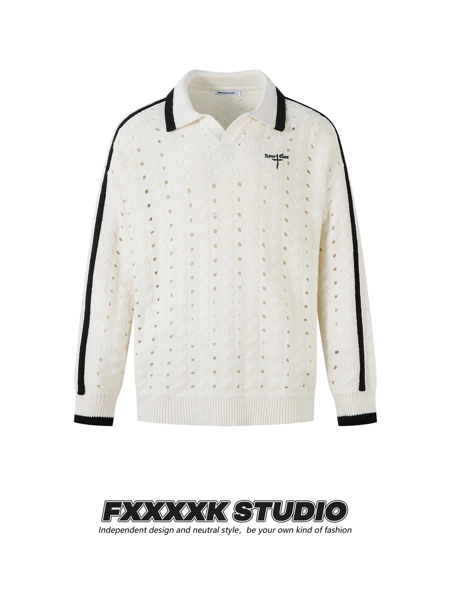 

Original FXK American Retro Hollow out Knitwear Casual Collared Sweater for Men And Women Breathable Soft Cotton Blend Long S...