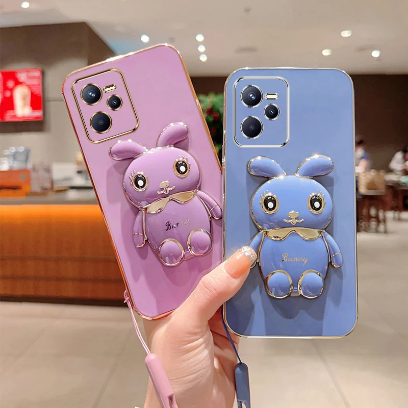 Phone Case for Realme C55 C53 C35 C33 C31 C30 C25 C21Y C20 C17 C15 C12 C11 C3i C1 Plating Square Rabbit Holder Phone Cover