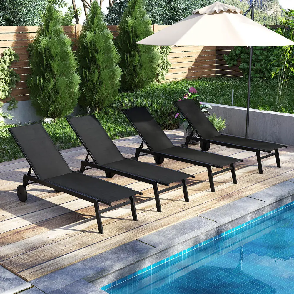 Outdoor Lounge Chair With Wheels, 6-Position Adjustable Backrest, Patio Poolside Sunbed For Adult Relaxation, Durable Frame, Black