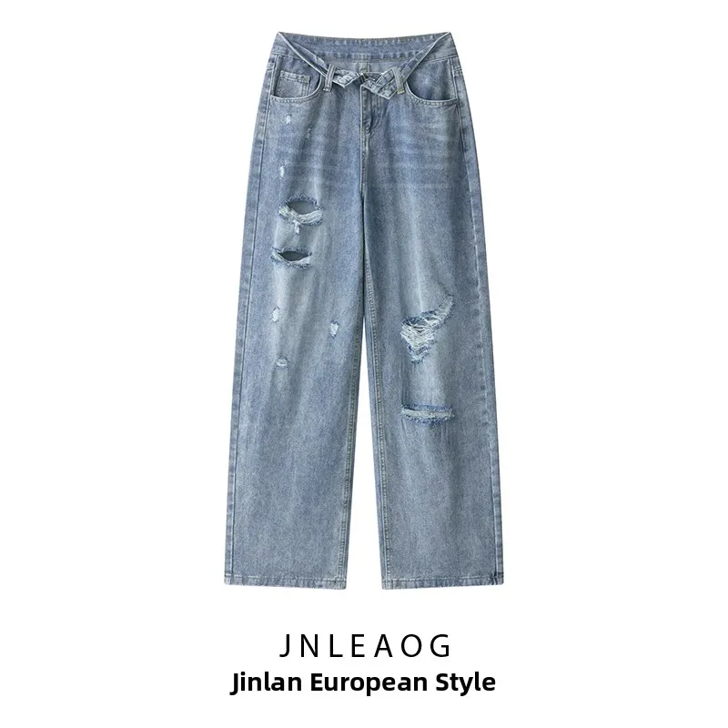 

Свободные прямые джинсы, женские модные дизайнерские джинсы со средней талией, осенние новые джинсы в европейском стиле, полиэстер на талии
