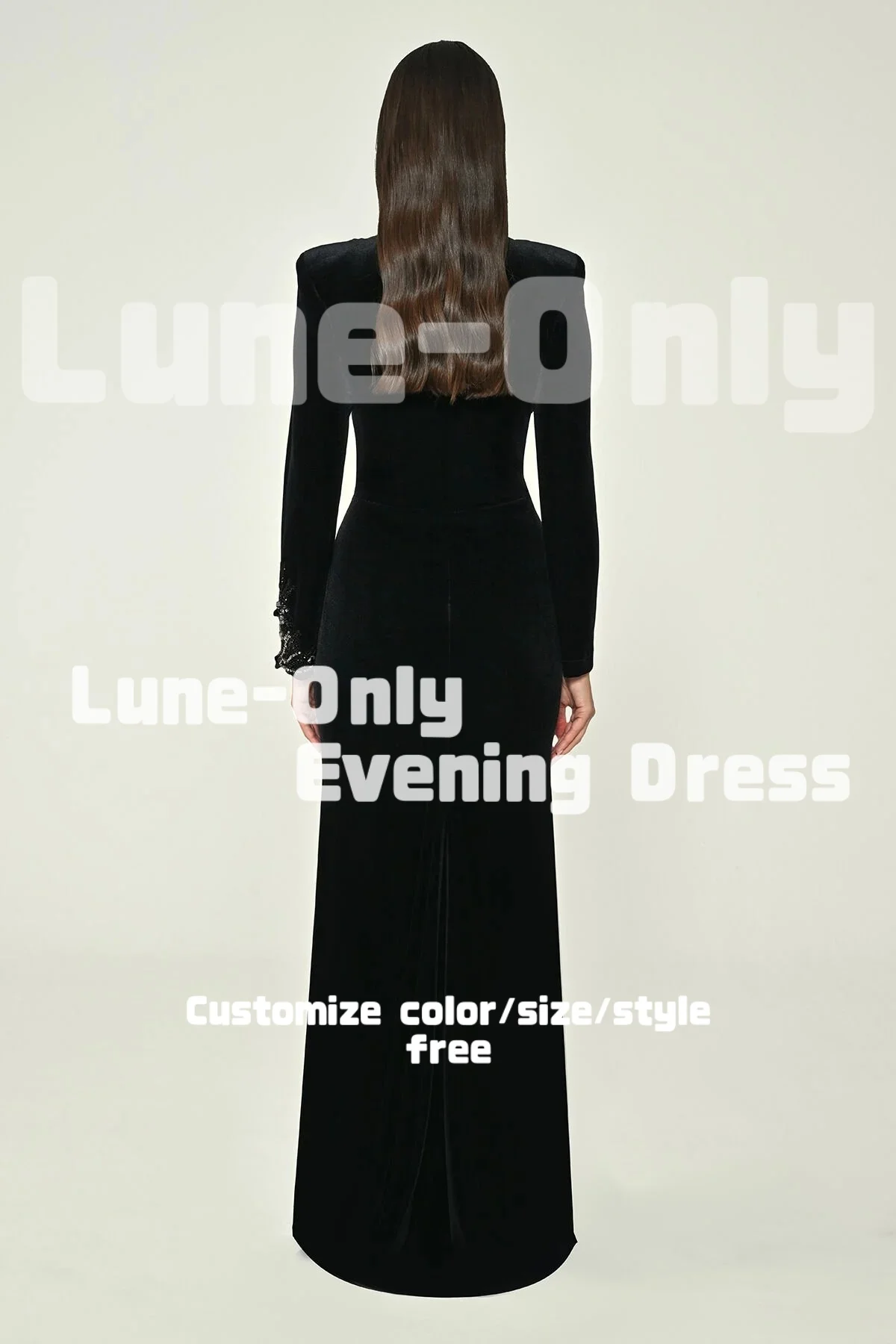 カスタマイズされた黒のベルベット長袖ビーズ付き高級イブニングドレス床丈エレガントなパーティードレスプロムフォーマルドレス