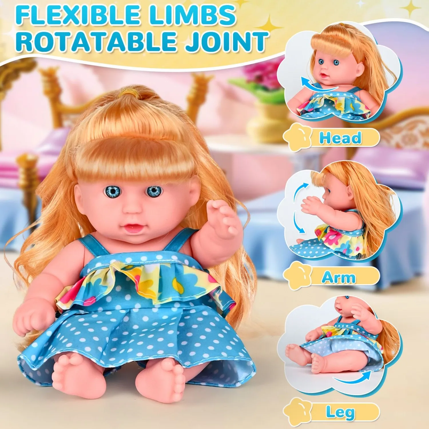 Golden Haired Princess Doll | Polka Dot Skirt & Flower Top | Soft Rubber Skin-Friendly Baby Doll for Family Play & Role-Play (Ch