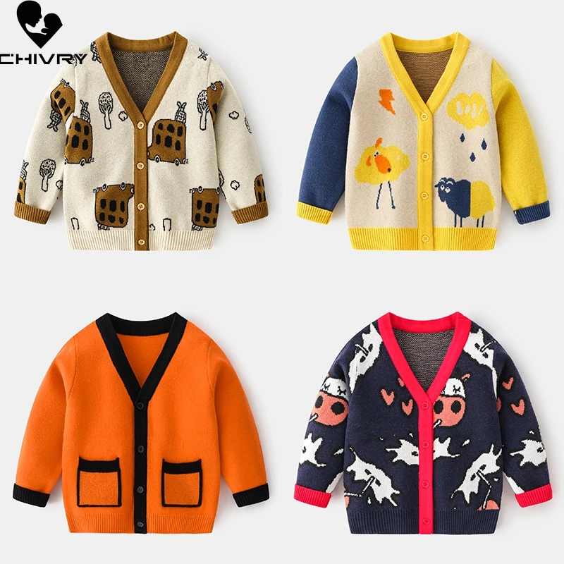 New 2023 Kids Boys Autumn Winter Cardigans Sweater Fashion Cartoon V-neck Knitted Jumper Sweaters Tops Children Cardigans