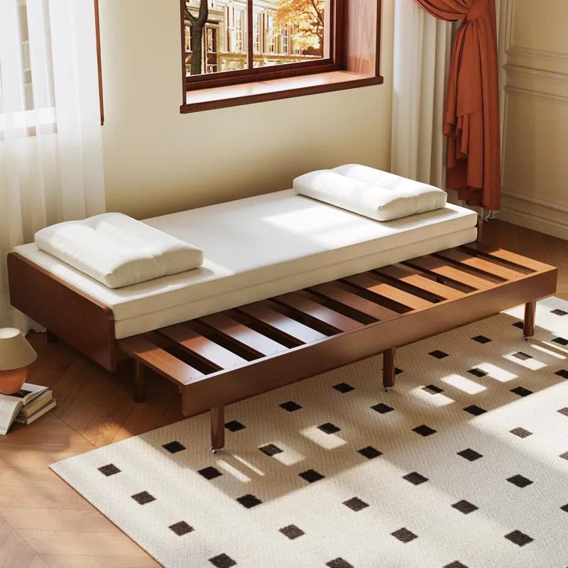 Solid wood rubber wood sofa bed dual-purpose pull-out  living room multi-function sitting and lying nap  folding
