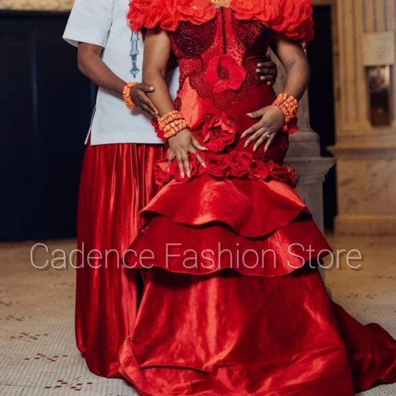 Red Floral Edo Traditional Wedding Gowns Dresses Floral Embellished Studded Rhinestone Benin Fishtail Layered Vintage Bridal Gow