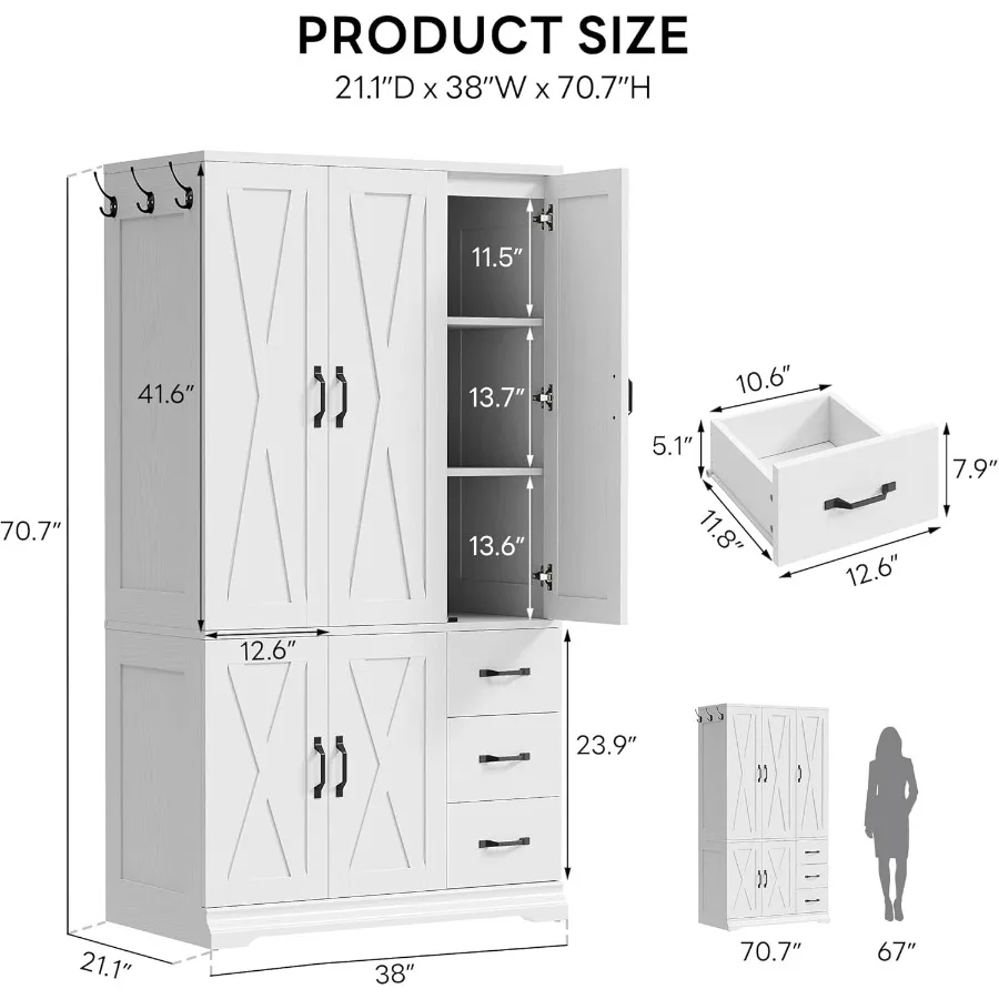Large-capacity deep armoire with 5 cabinet doors and 3 drawers designed for bedroom storage featuring a hanging rod 3 side hook