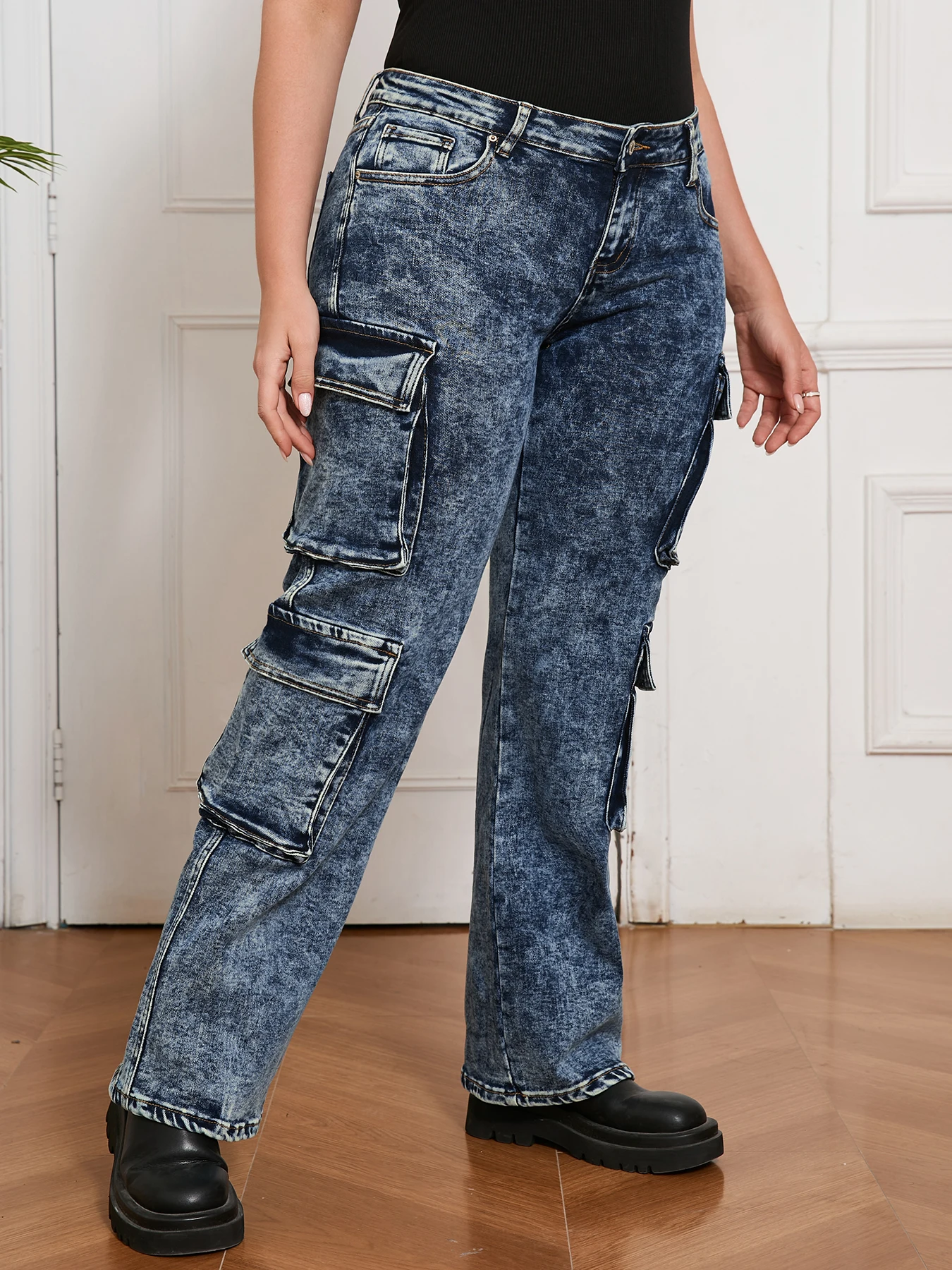 여성용 하이 스트리트 카고 팬츠 데님 진 패션 루즈 스트레이트 레그 데님 의류