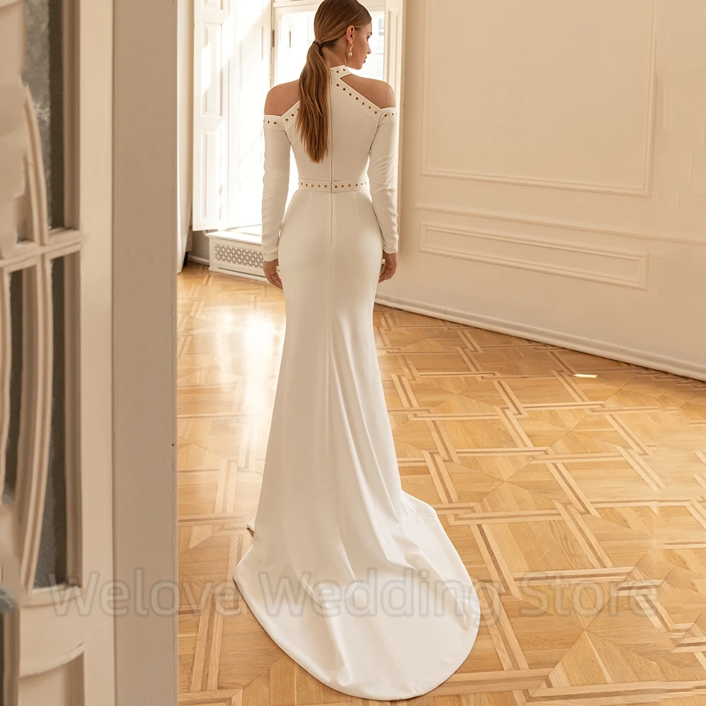 Fashion Mermaid Wedding Dress High Neck Off the Shoulder Long Sleeves Bride with Belt Floor Length Zipper Custom Made Gowns