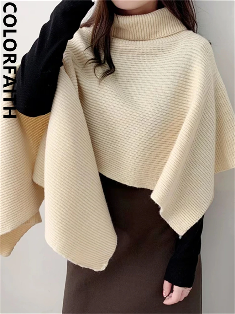 Colorfaith SW7073JX New 2024 Elegant Lady Sweaters Turtleneck Vintage Korean Fashion Oversized Knitted Women Autumn Winter Tops