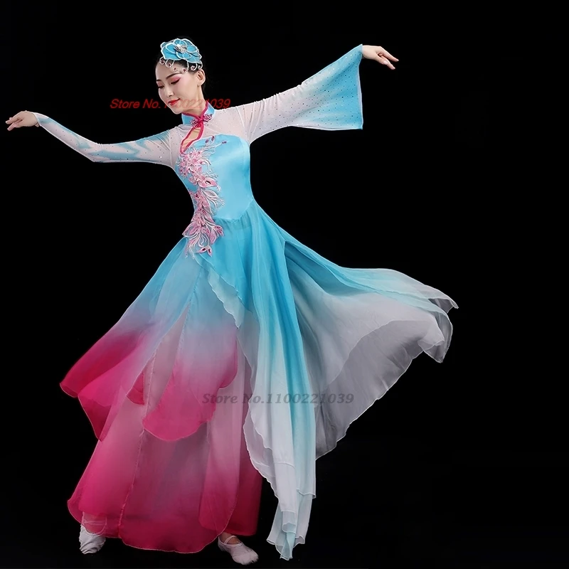 2024 chinese vintage dance costume national flower embroidery qipao tops+pants set stage performance folk dance suit qipao dress