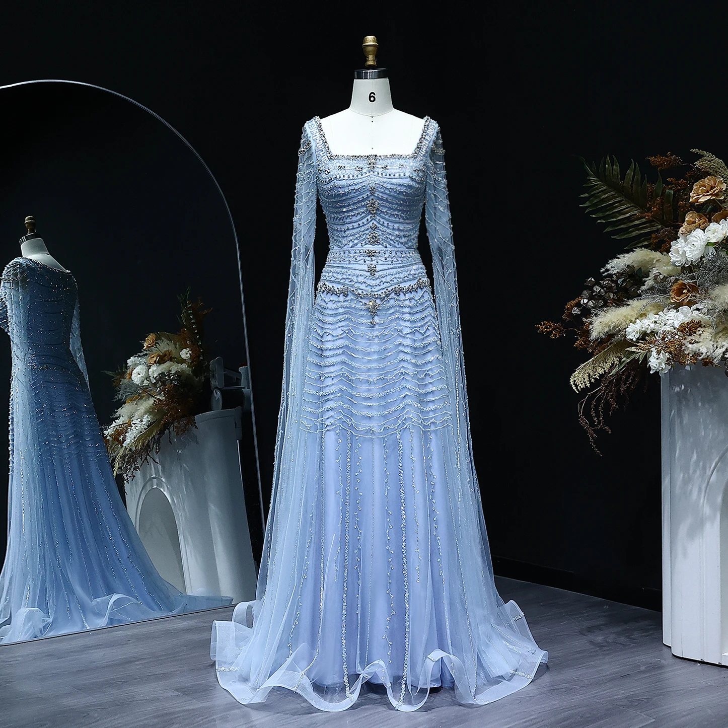 Sharon Said 2025 Dubai Luxury Nude Arabic Evening Dress wih Cape Sleeves Blue White Women Wedding Party Gowns SS591 Customized image 4