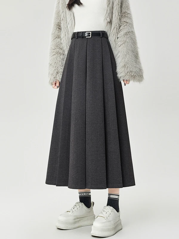 

Осенне-зимняя утепленная шерстяная юбка А-силуэта для женщин, с высокой талией, плиссированная, стройнящая, скрывающая бедра, миди, для офиса, простая и элегантная