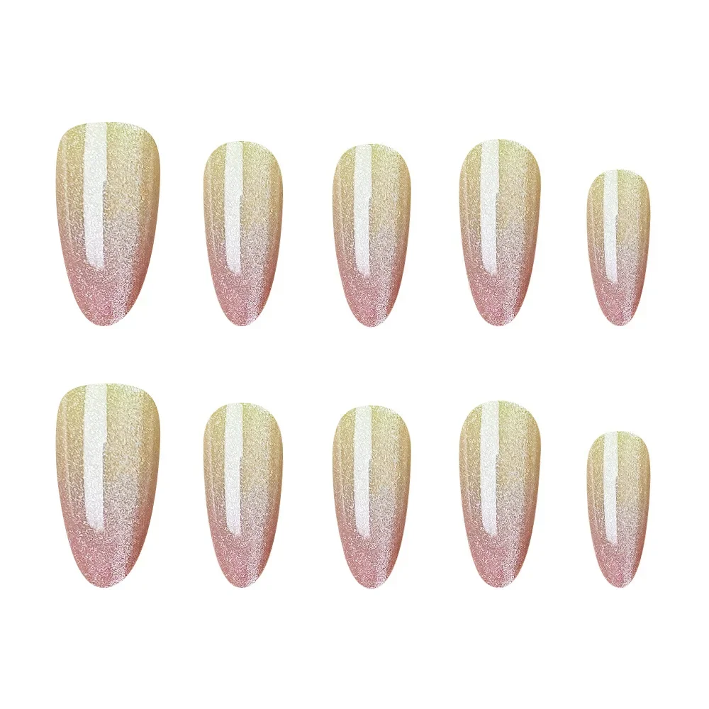 

2026 New Minimalist Cat Eye Nail Stickers, Nude Yellow-Pink Gradient False Nail Tips, Cute and Sweet Handmade Nail Art