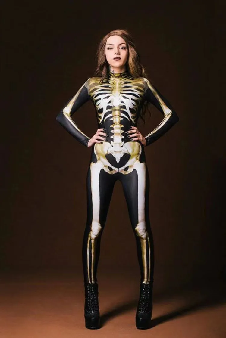 2022 neue Skeleton Schädel Digitaldruck frauen Engen Halloween Party Overall Cosplay Kostüm Zentai Bodysuit Outfits