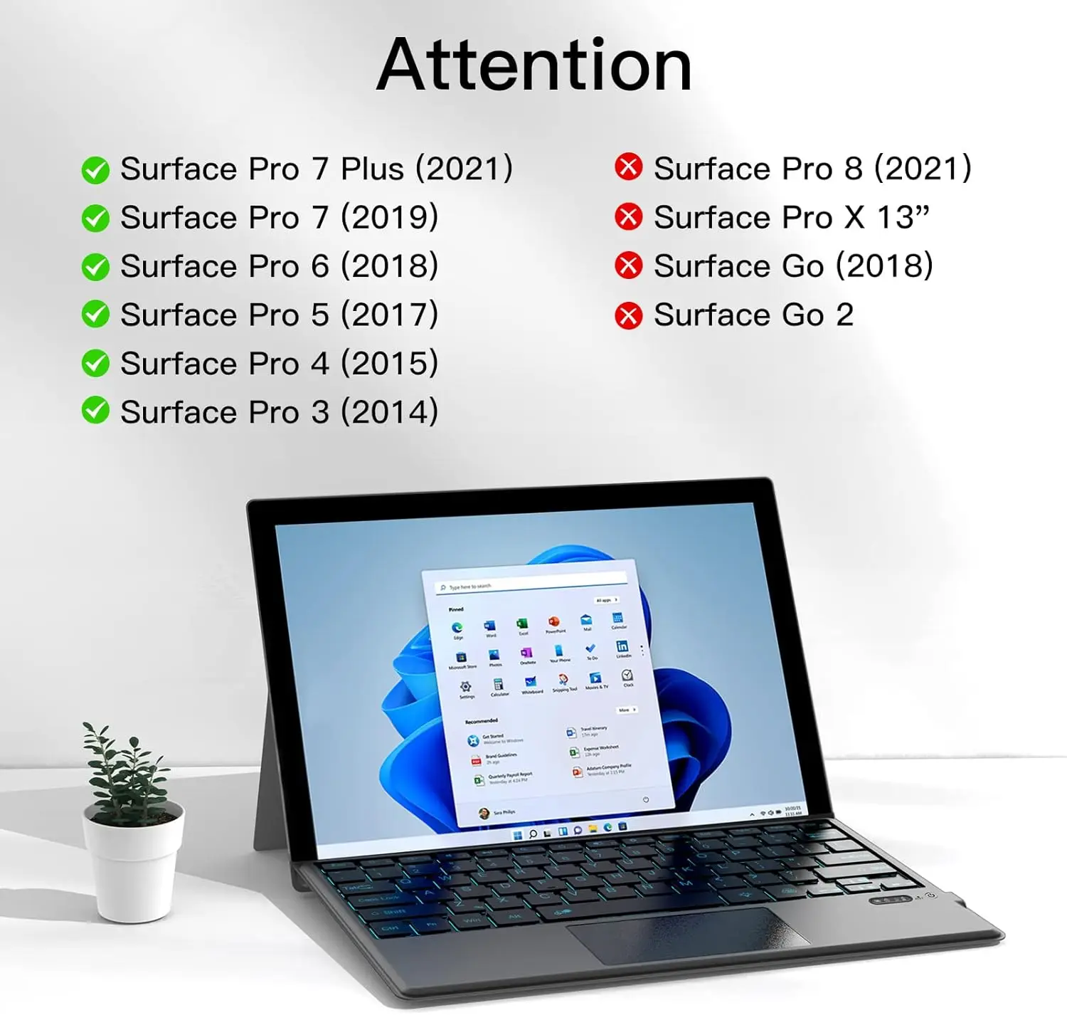 Keyboard for Microsoft Surface Pro7/7+/6/5/4/3,Portable Bluetooth 5.0 Wireless,Multi-Gesture Touchpad 7-Color Backlit Type Cover