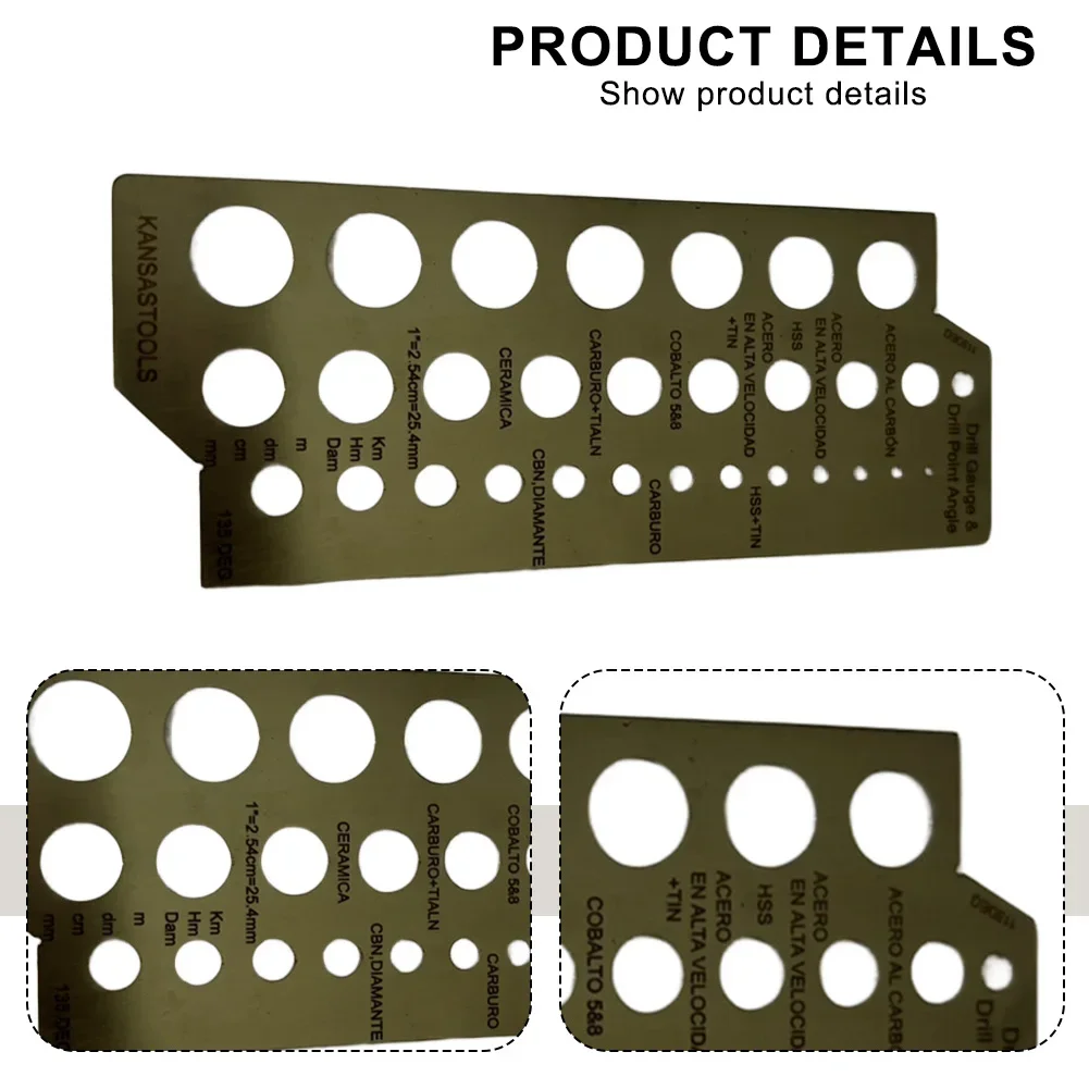 Stainless steel drill gauge with 30 etched holes for measuring drill bits and checking 135 and 118 degree angles